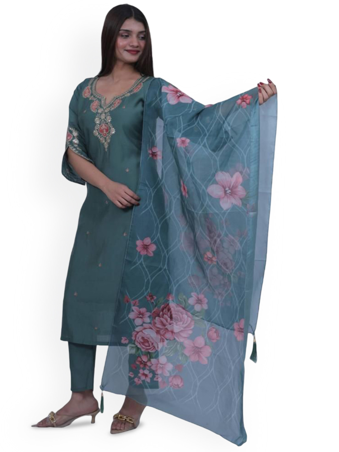 

Wavy Collection Floral Embroidered Pure Silk Straight Kurta & Trouser With Dupatta, Green