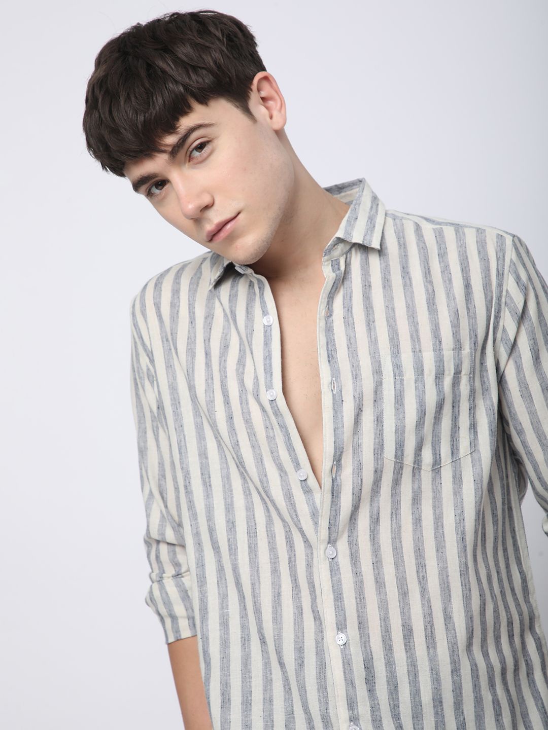 

VASTRADO Men Classic Slim Fit Spread Collar Vertical Striped Cotton Casual Shirt, Cream