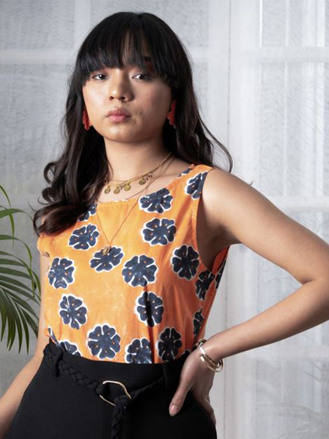 

WildMoss Floral Print Pure Cotton A-Line Top, Orange