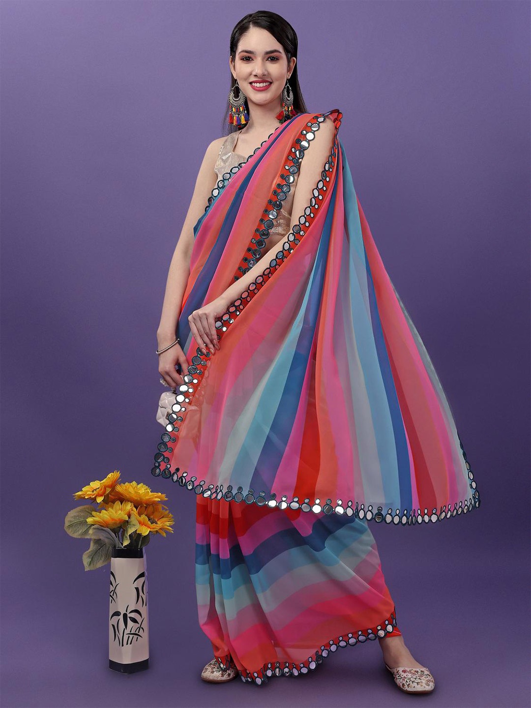 

THE52 Striped Mirror Work Pure Georgette Saree, Pink