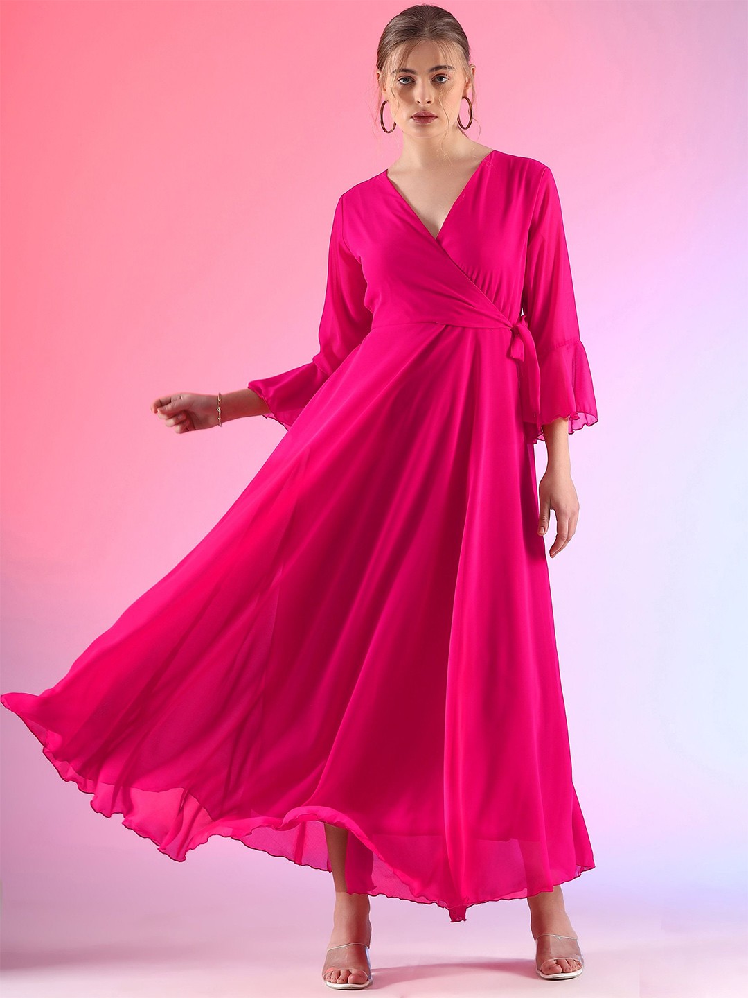 

De La Moda Women Bell Sleeves Wrap Maxi Dress, Pink