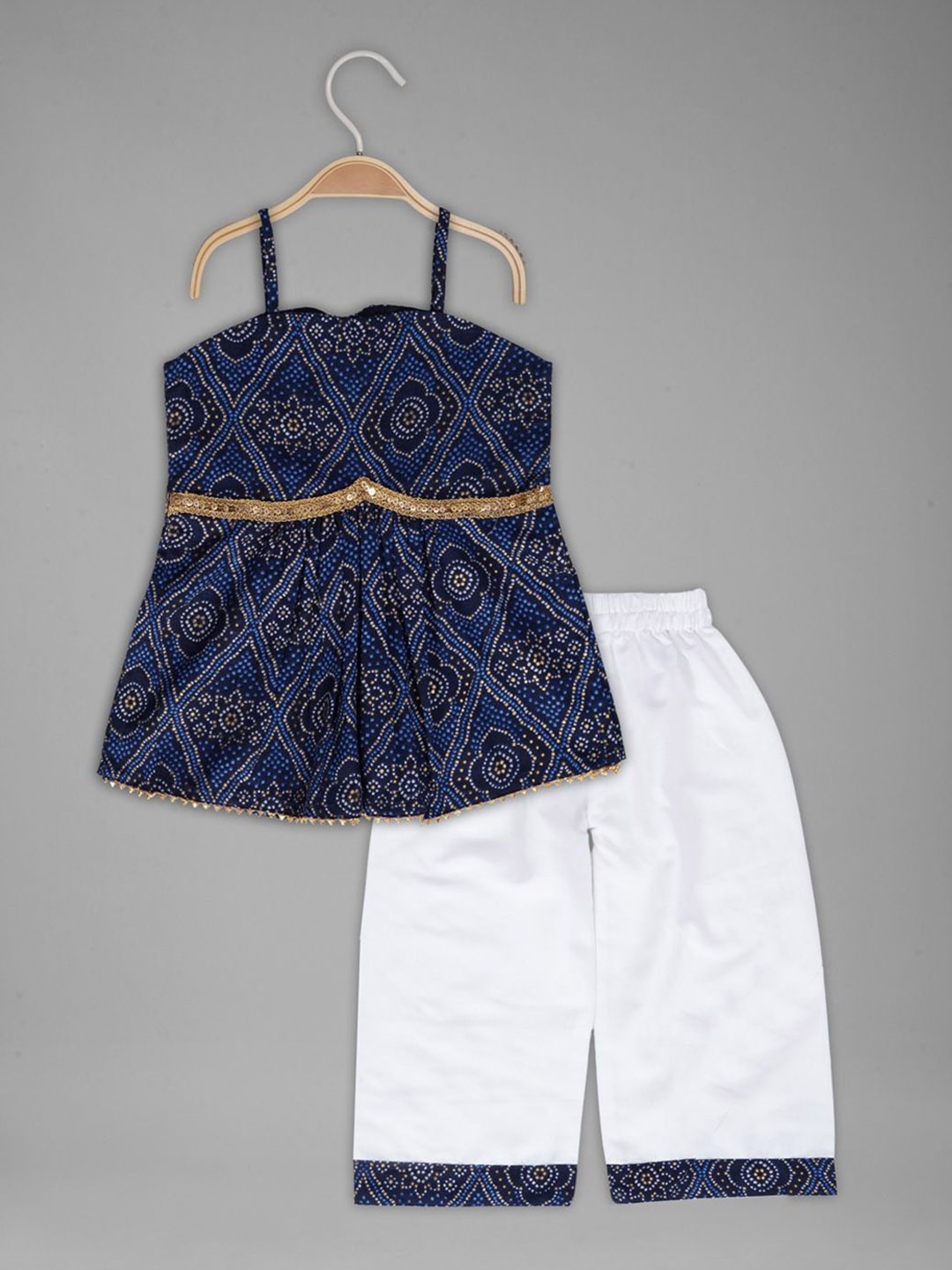 

Anneca Girls Bandhani Printed Empire Shoulder Straps A-Line Kurti With Trousers, Navy blue