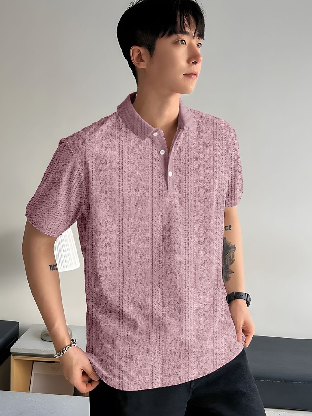 

Force Men Self Design Polo Collar T-shirt, Mauve