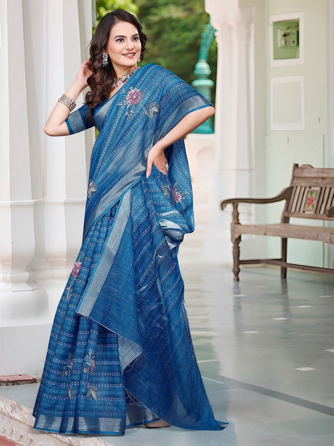 

Nimidiya Floral Printed Zari Pure Cotton Saree, Blue