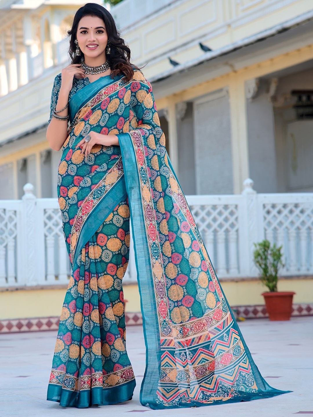 

Nimidiya Floral Printed Pure Cotton Saree, Blue