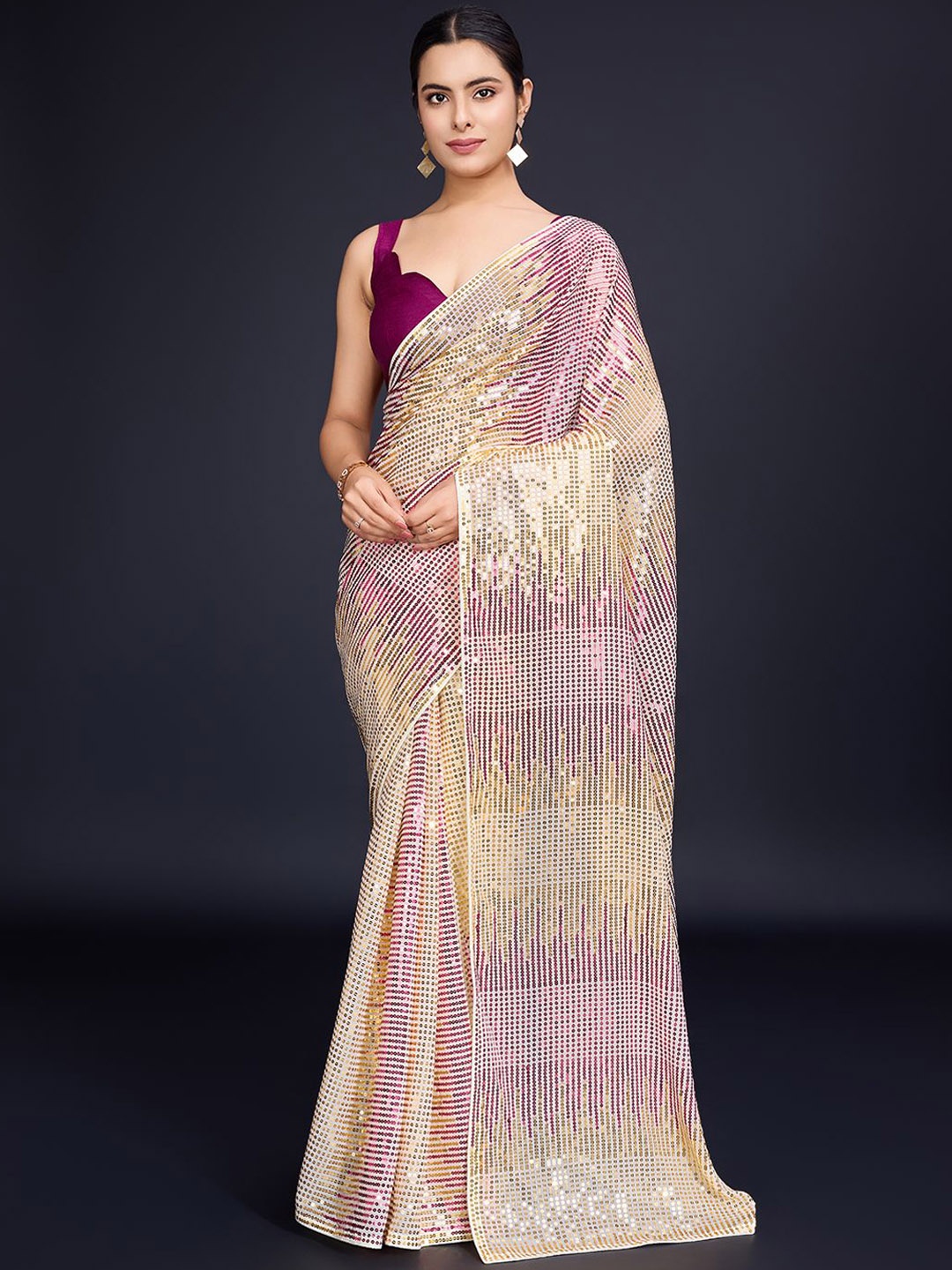 

THE52 Embellished Sequinned Saree With Unstitched Blouse Piece, Cream
