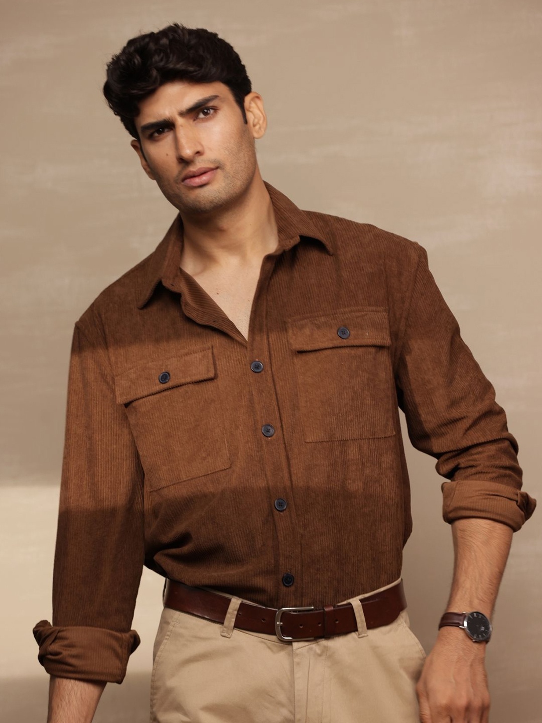 

Uncluttered Closet Men Relaxed Oversized Fit Spread Collar Textured Cotton Casual Shirt, Brown