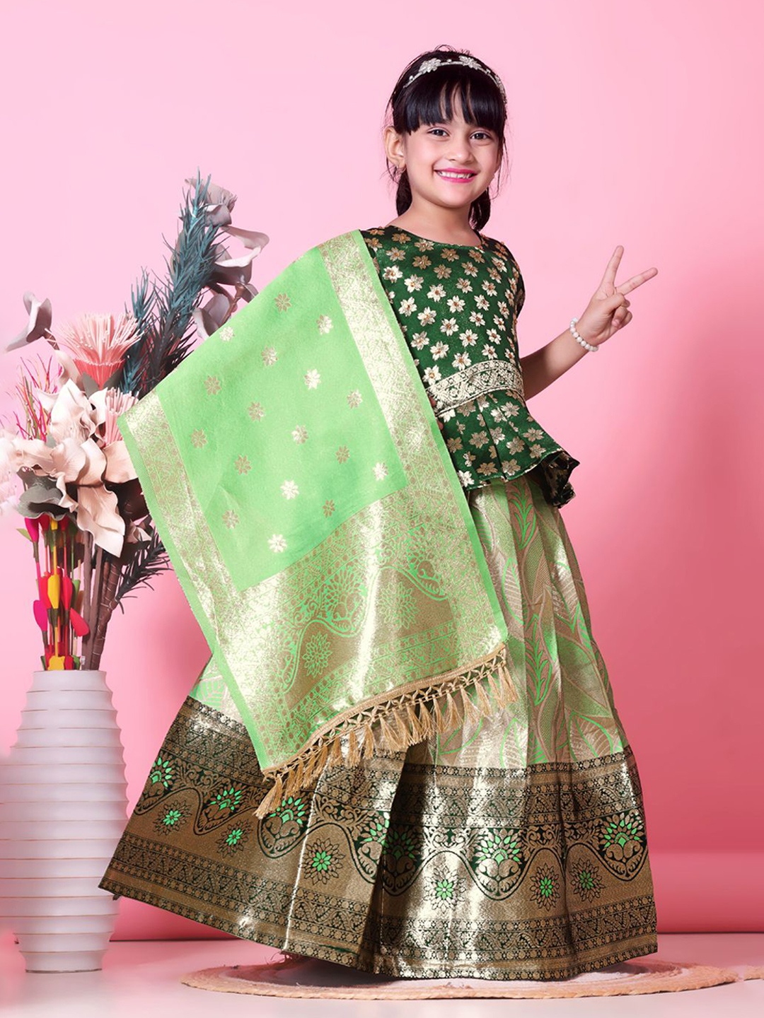 

BAESD Girls Zari Ready to Wear Lehenga & Blouse With Dupatta, Green