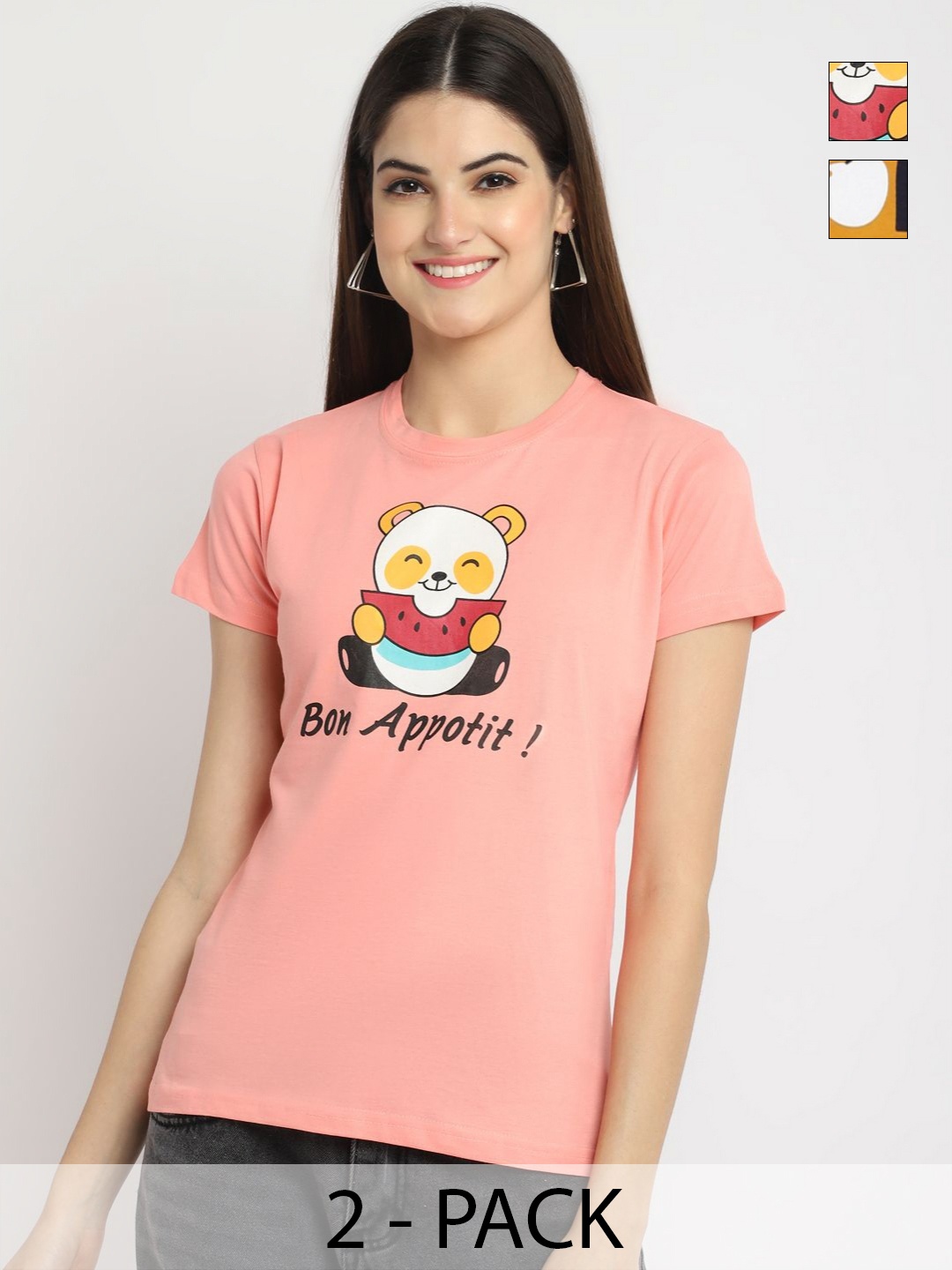 

Tromko Women Pack of 2 Typography Printed Round Neck Cotton Regular Fit T-shirts, Peach