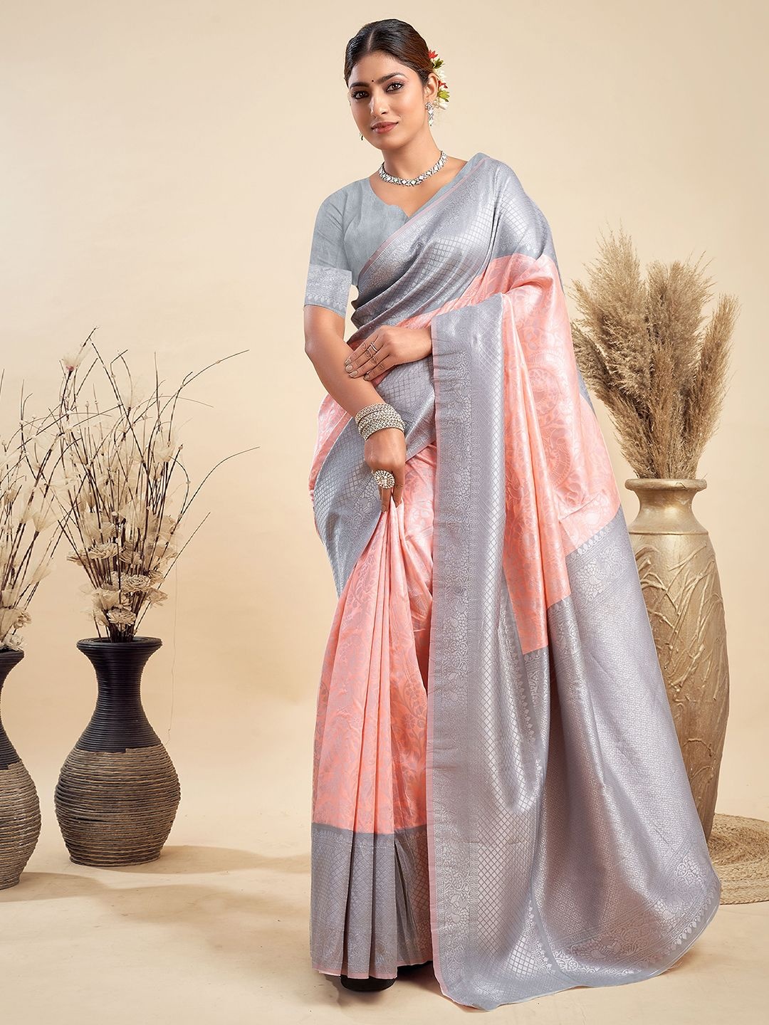 

KALINI Woven Design Zari Paithani Saree With Unstitched Blouse Piece, Peach