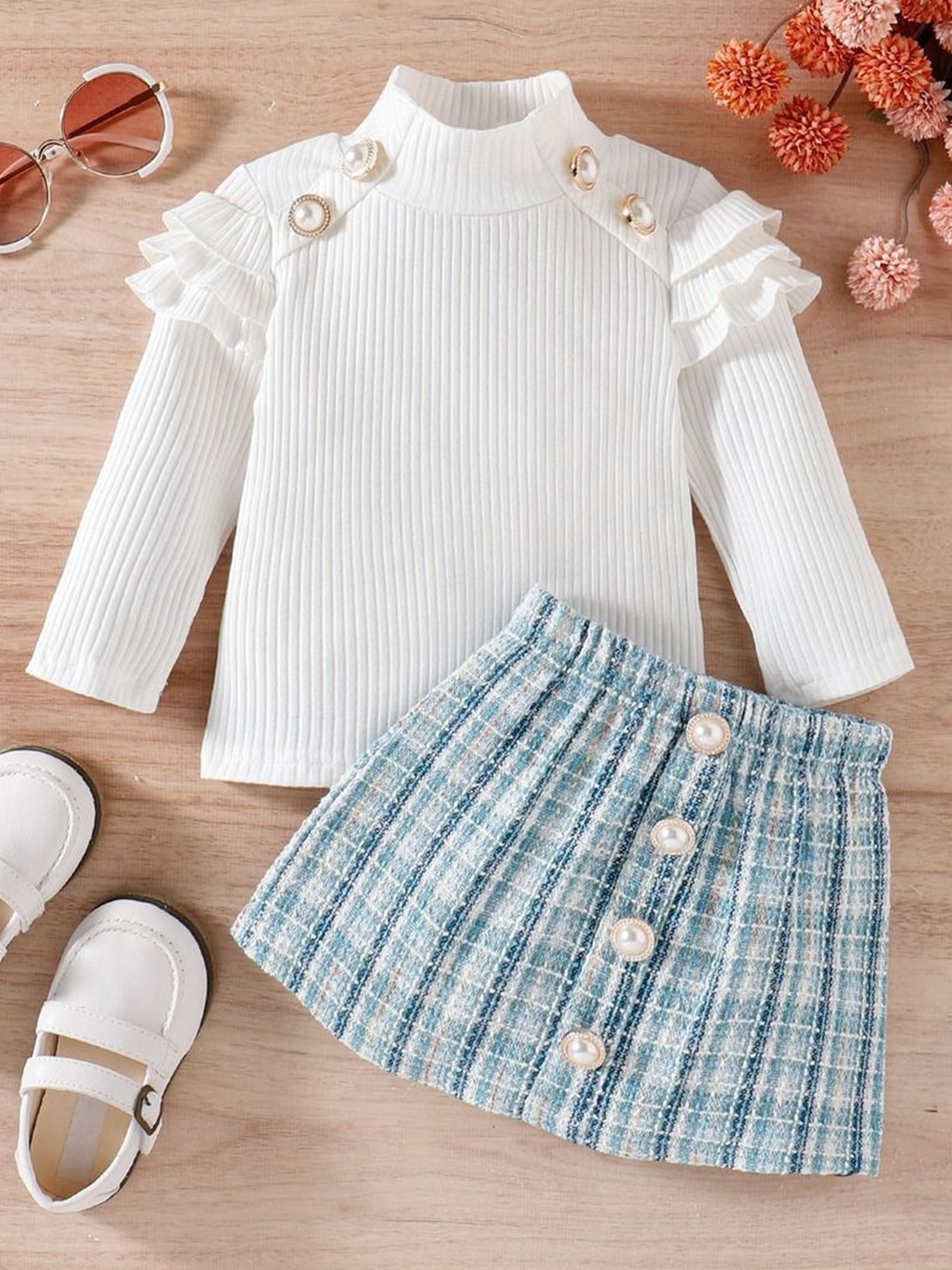 

Xsole Girls Striped High Neck Top & Skirt, White