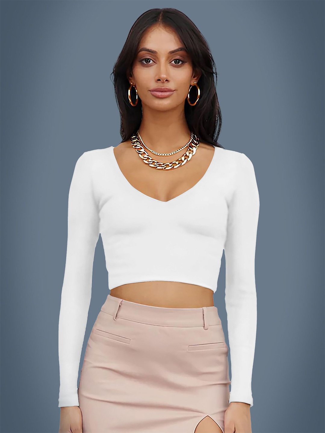 

Dream Beauty Fashion Women V-Neck Long Sleeves Fitted Crop Top, White