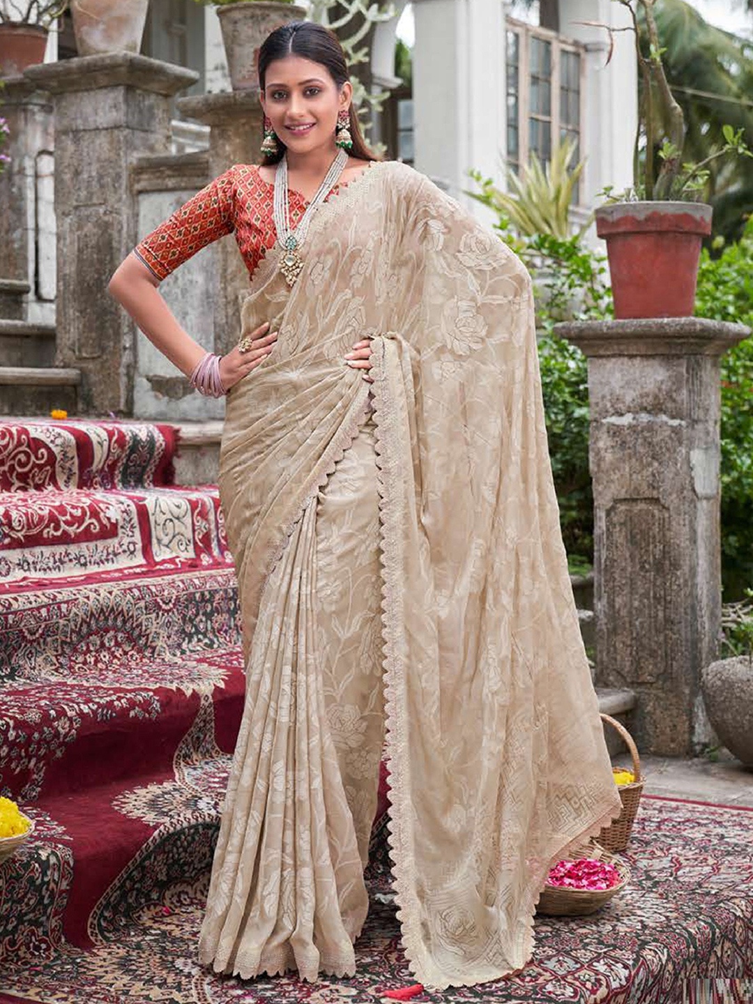 

MAHALASA Ethnic Motifs Pure Chiffon Designer Saree, Beige