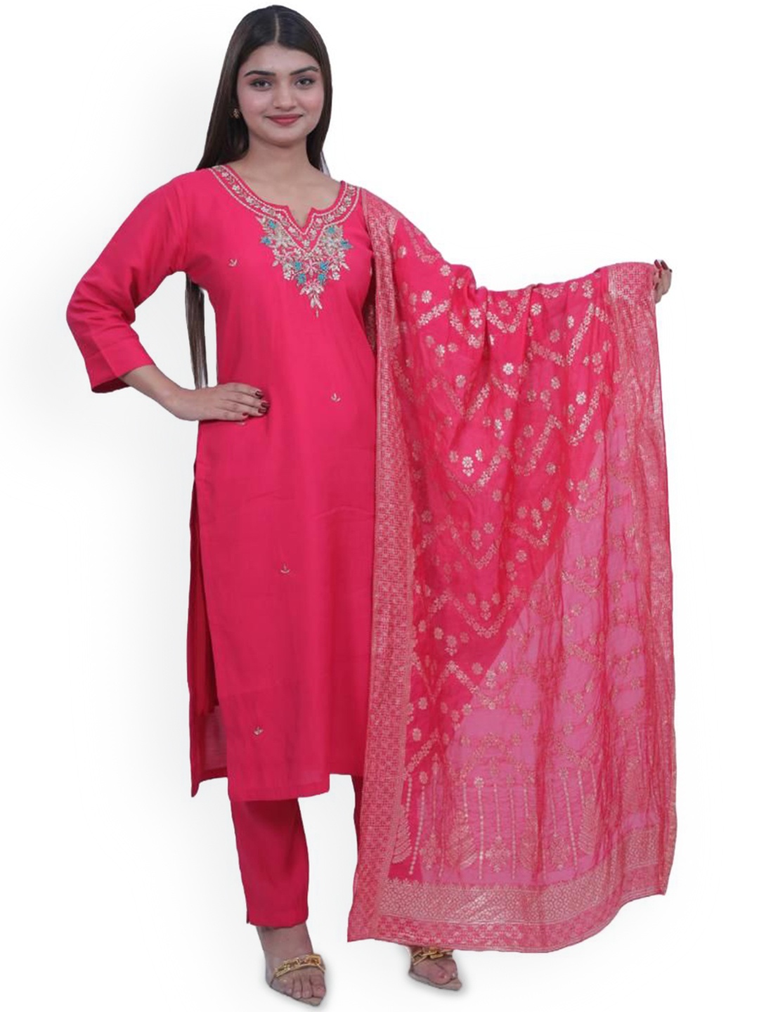 

Wavy Collection Floral Embroidered Pure Silk Straight Kurta with Trousers & Dupatta, Pink