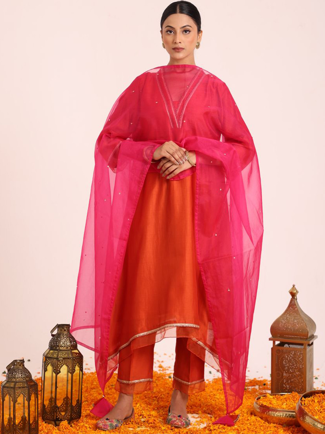 

House of Nitya Yoke Design V Neck Pure Silk Kurta With Trousers & Dupatta, Orange