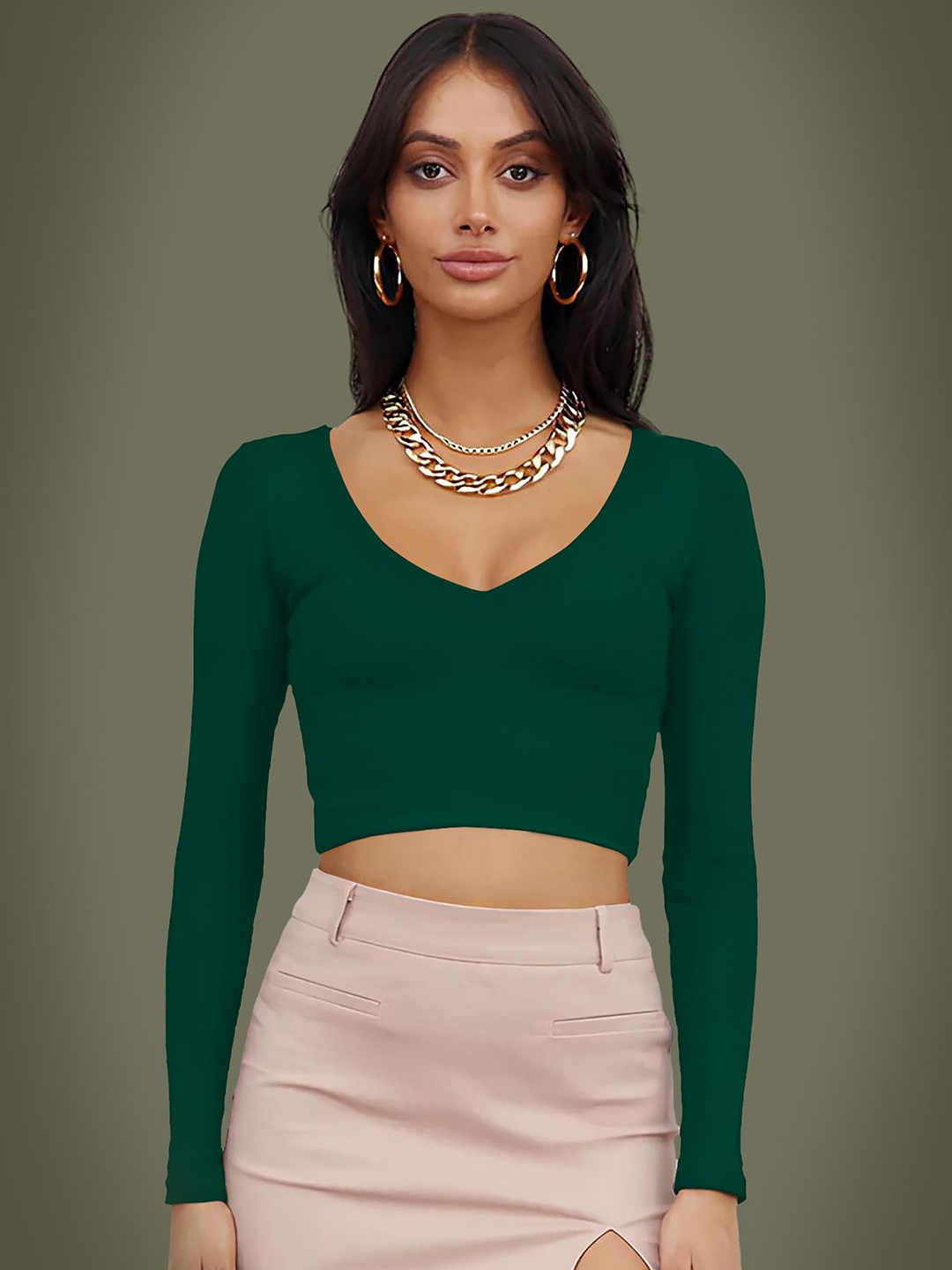 

Dream Beauty Fashion Solid V-Neck Long Sleeves Crop Top, Green