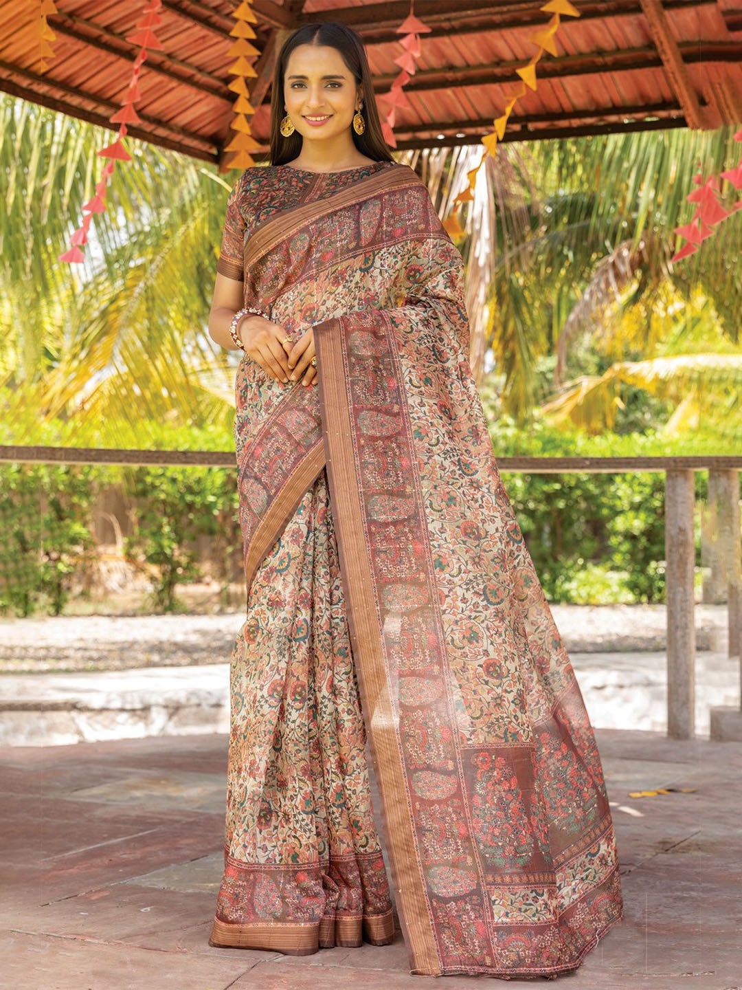 

Nimidiya Ethnic Motifs Printed Zari Pure Cotton Saree, Brown