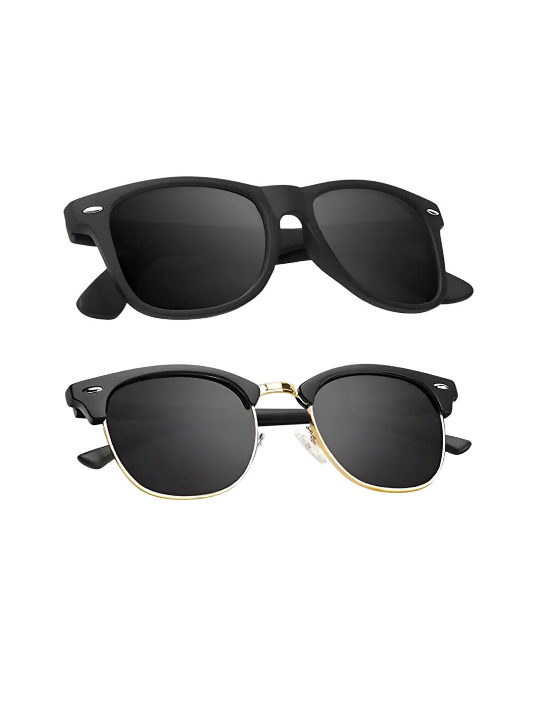 

FUNGLASSES Unisex Set of 2 UV Protected Sunglasses CLUBMASTER GOLD BLK & WAYFARER BLK C, Black