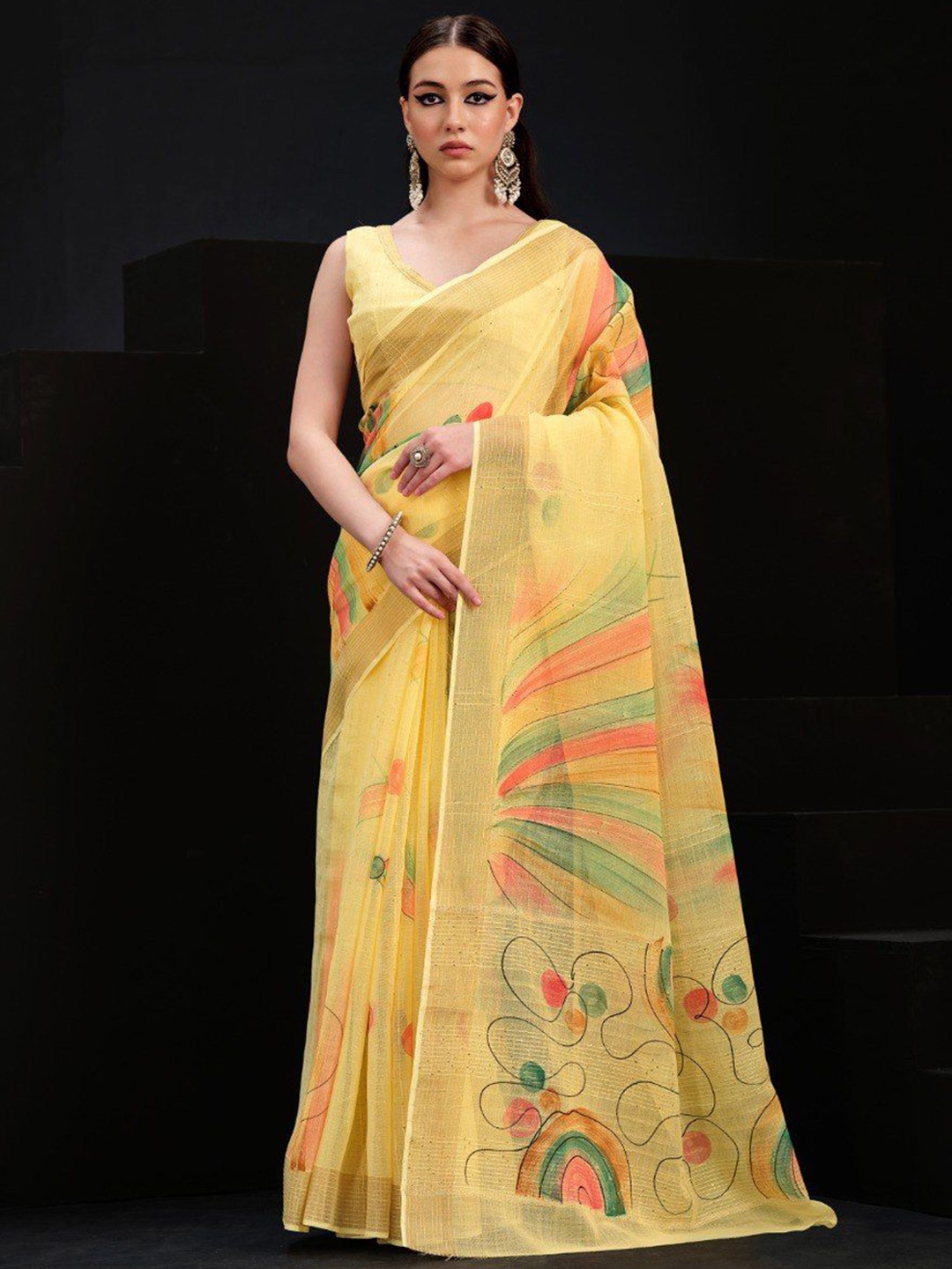 

BW X BUTTERFLY Printed Saree With Blouse Piece, Yellow