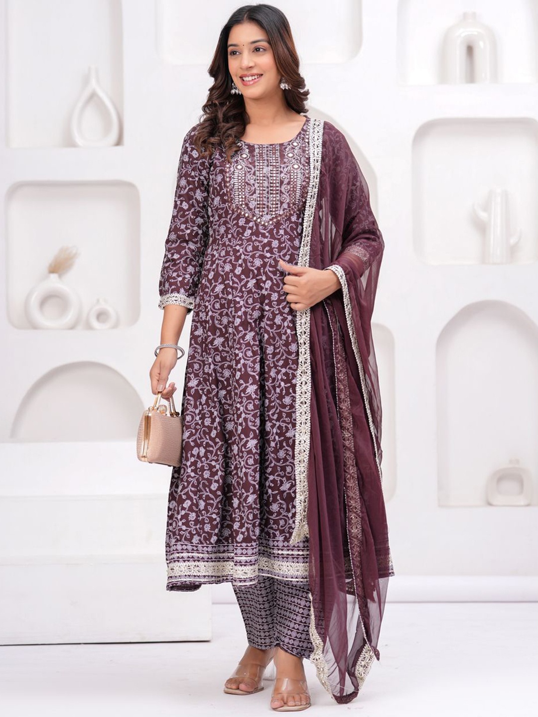 

SINGNI Floral Printed Panelled Mirror Work A-Line Kurta With Trousers & Dupatta, Brown