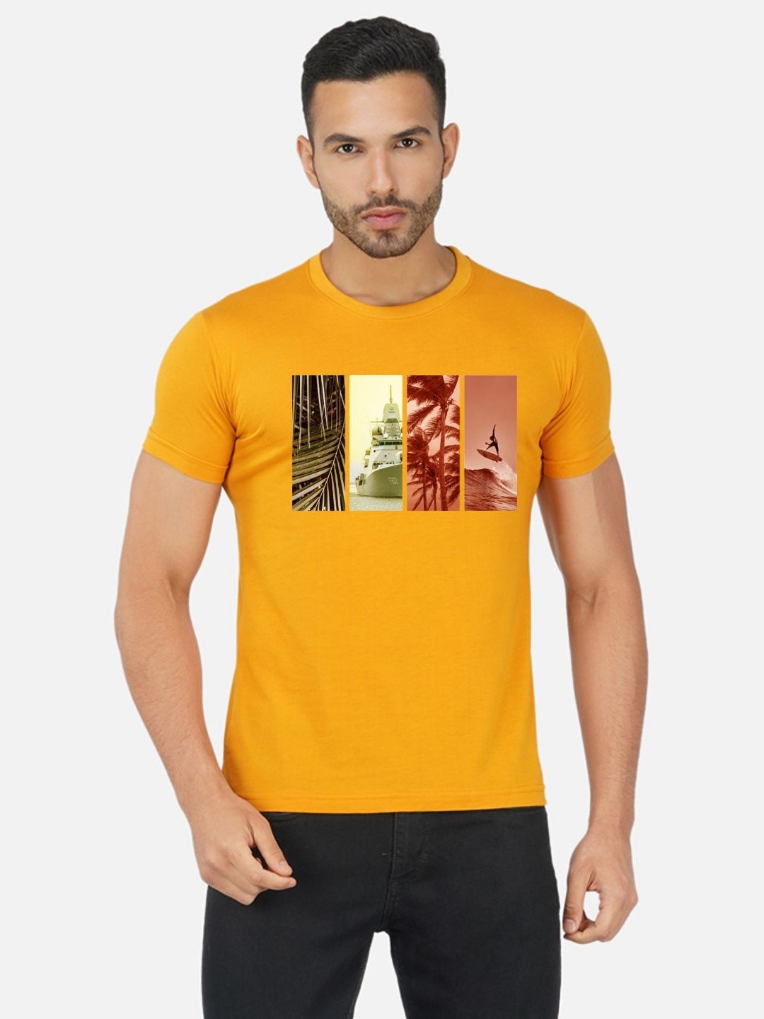 

Moda Rapido Men Bio Finish Graphic Printed Round Neck Cotton T-shirt, Mustard