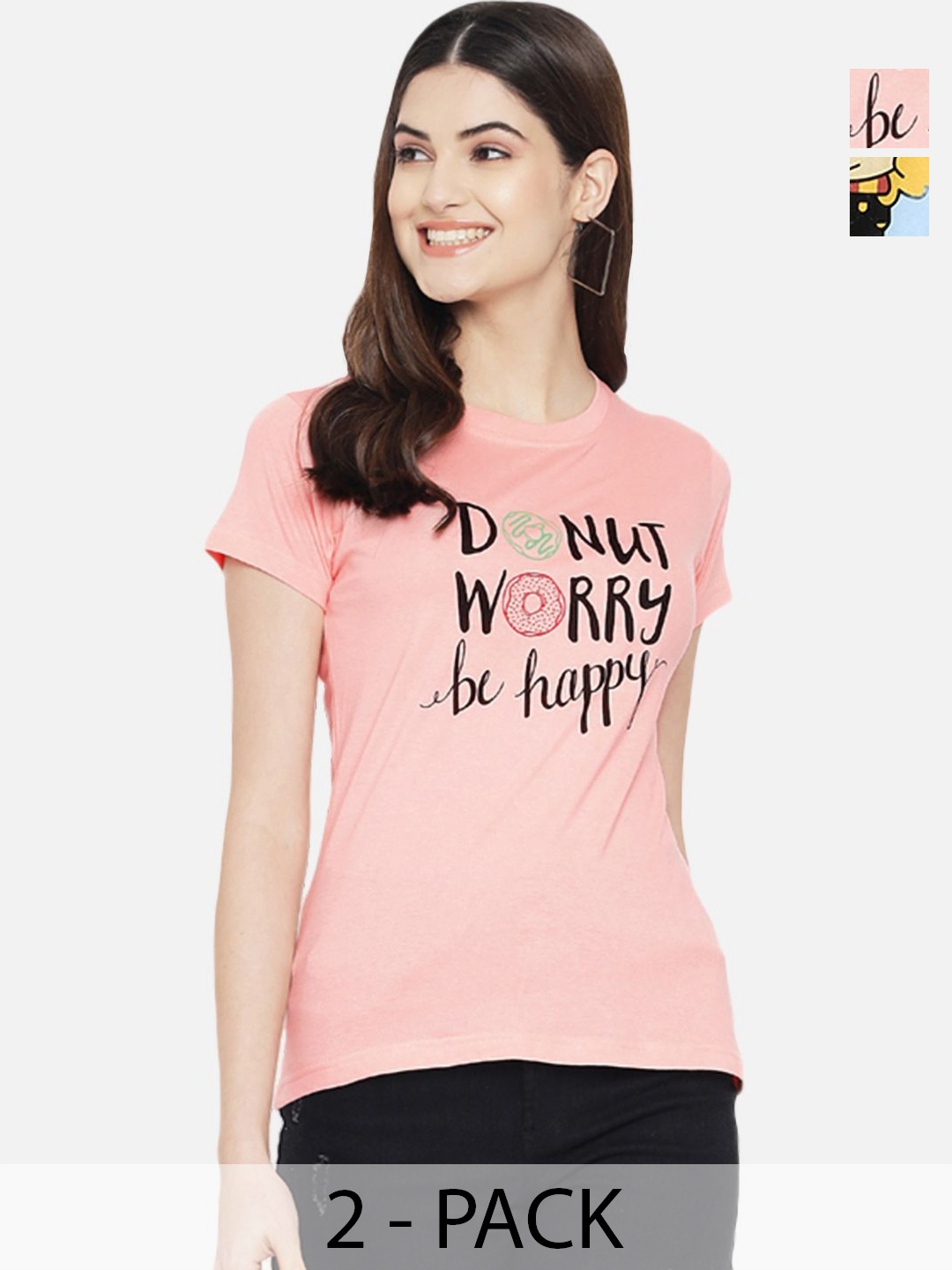 

Tromko Women Pack of 2 Typography Printed Round Neck Cotton Regular Fit T-shirts, Peach