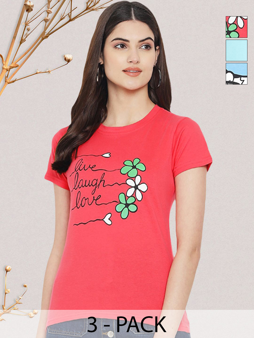 

GLOBAL NOMAD Women Pack of 3 Donald Duck Graphic Printed Round Neck Cotton T-shirts, Pink