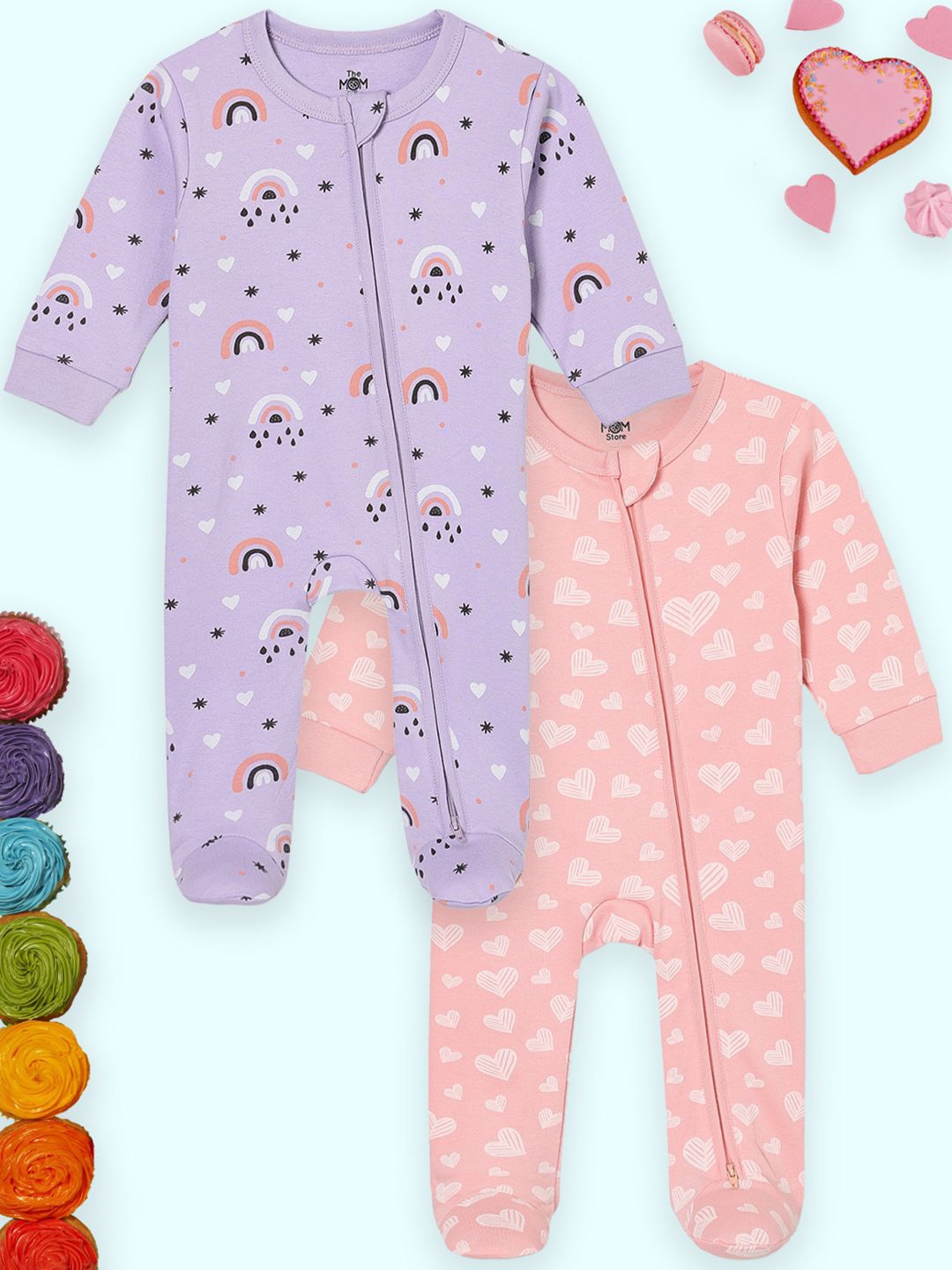 

The Mom Store Infants Pack Of 2 Printed Pure Cotton Sleepsuit, Lavender