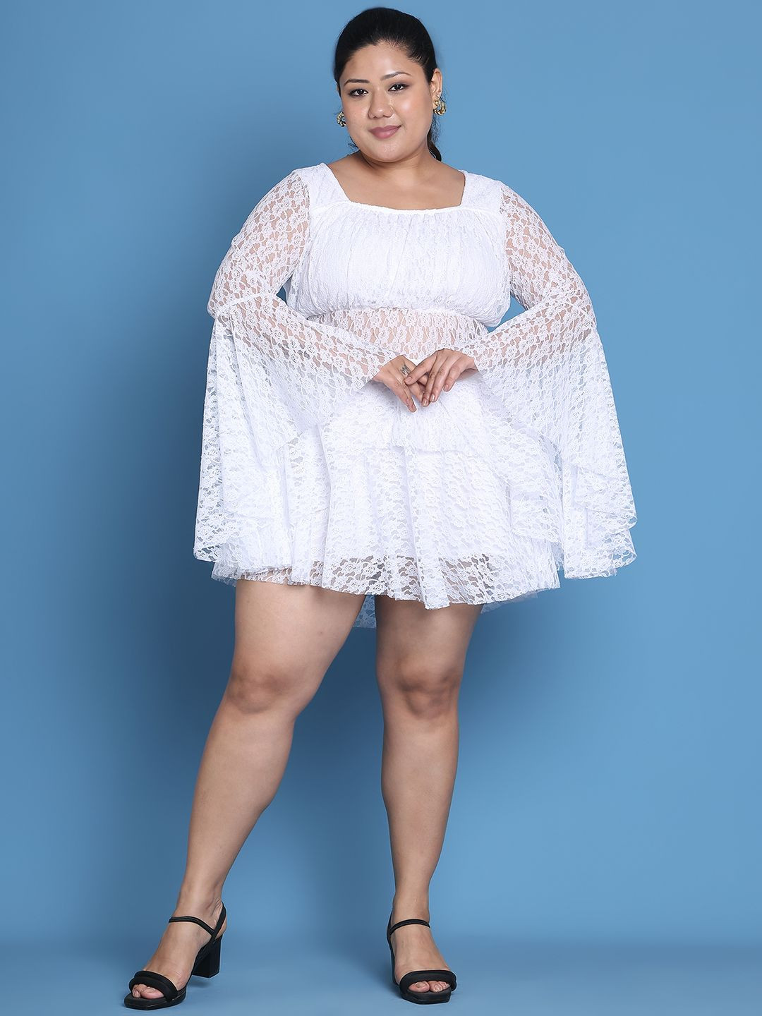 

theRebelinme Women Plus Size Flared Sleeve Lace Mini Dress, White
