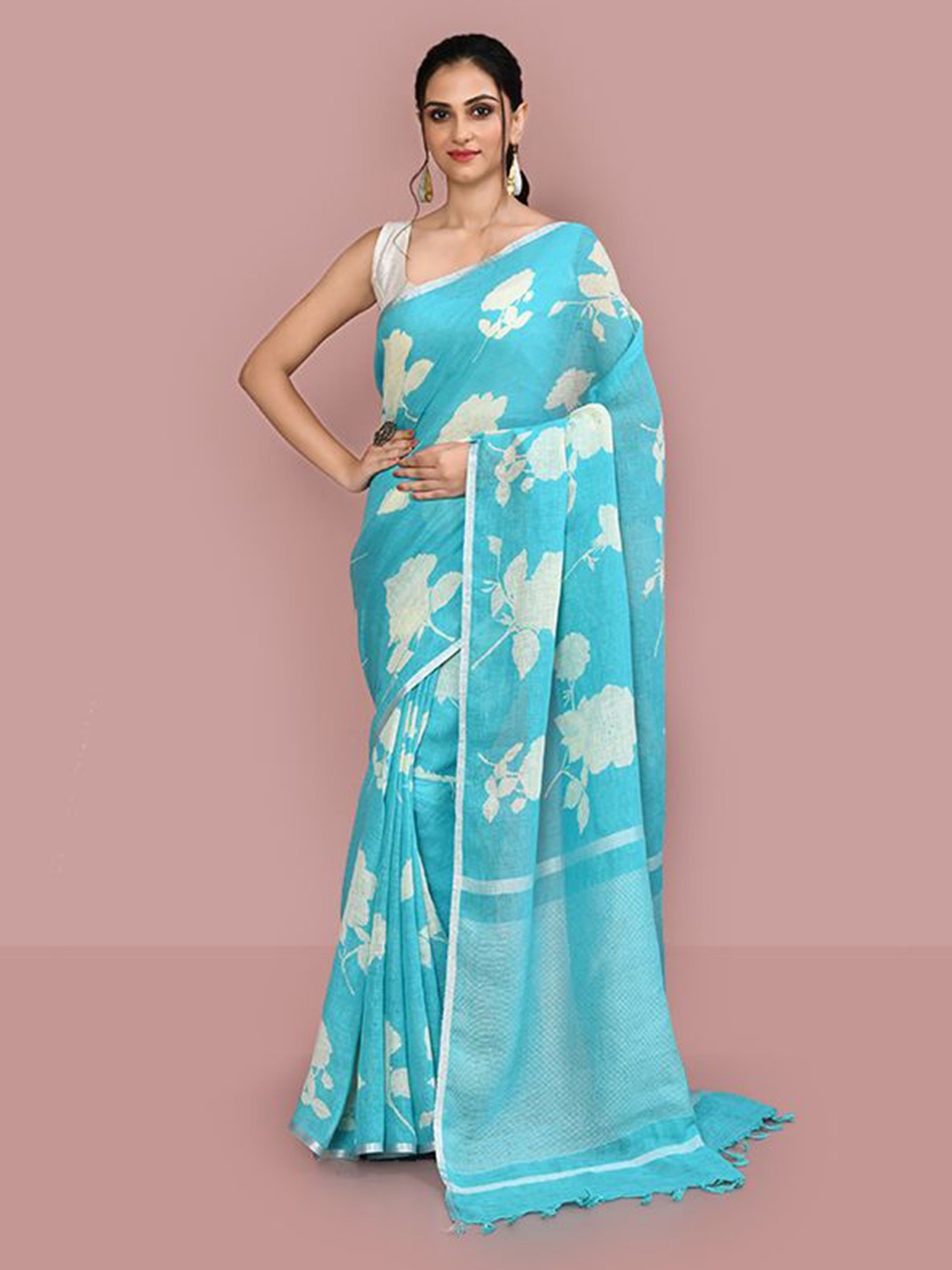 

THREAD SAGA Floral Printed Zari Border Saree, Blue