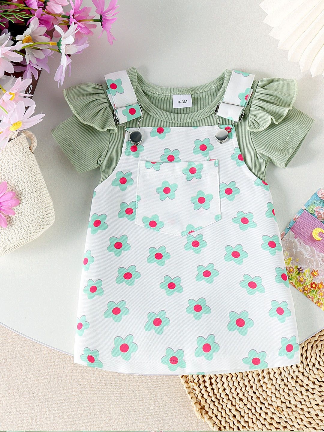 

Xsole Girls Floral Print Pinafore Dress, Green