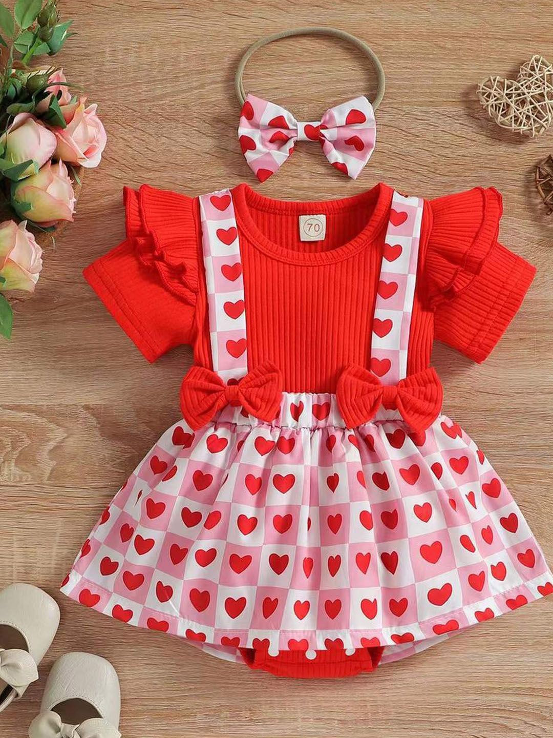 

Xsole Girls Conversational Printed Ruffles Fit & Flare Dress, Red