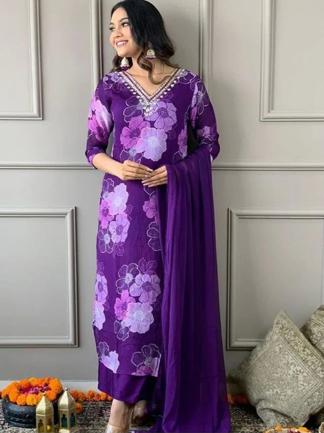 

Bought First Floral Printed V-Neck Thread Work Straight Kurta With Pyjamas & Dupatta, Purple