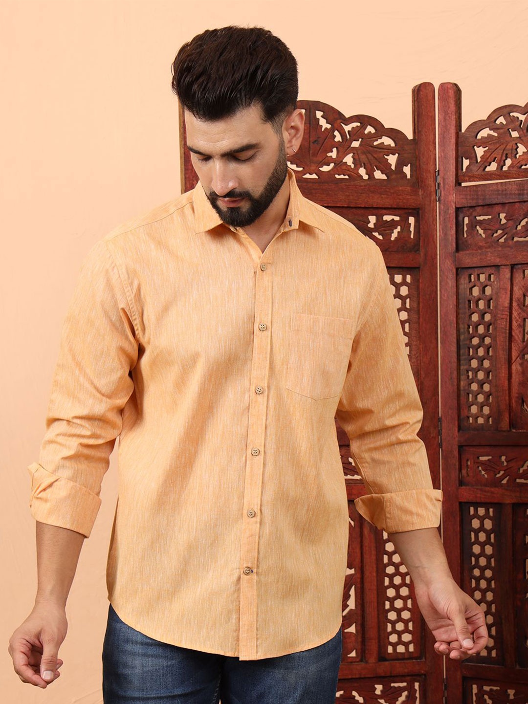 

Latest Chikan Garments Men Standard Fit Spread Collar Solid Cotton Casual Shirt, Orange