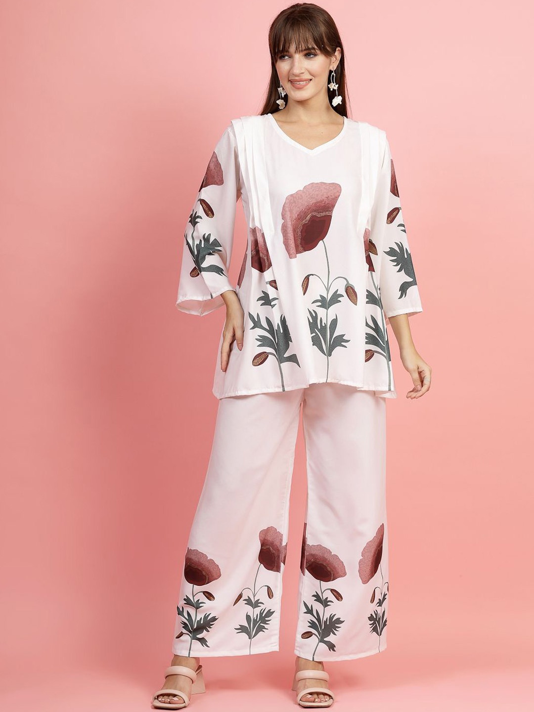 

Moda Rapido Floral Printed V-Neck Flared Sleeves Top With Palazzos, White