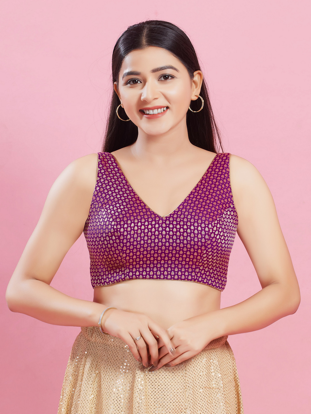 

VAMAS - THE DESIGNER BLOUSES Women V-Neck Padded Saree Blouse, Purple