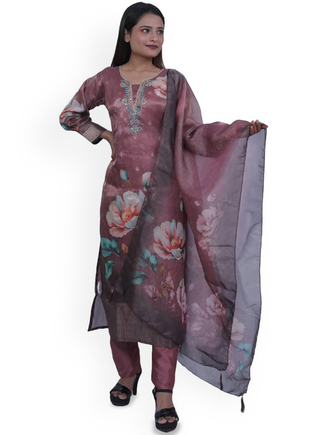 

Wavy Collection Floral Printed Cotton Silk Straight Kurta, Brown