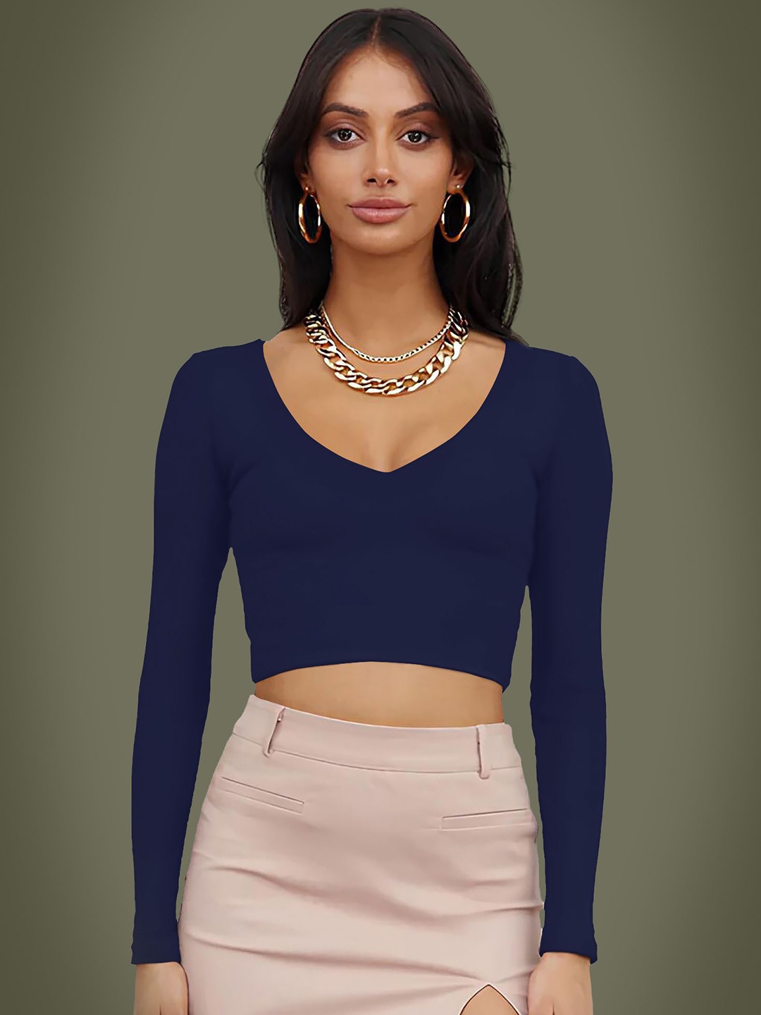 

Dream Beauty Fashion Women V-Neck Fitted Crop Top, Navy blue