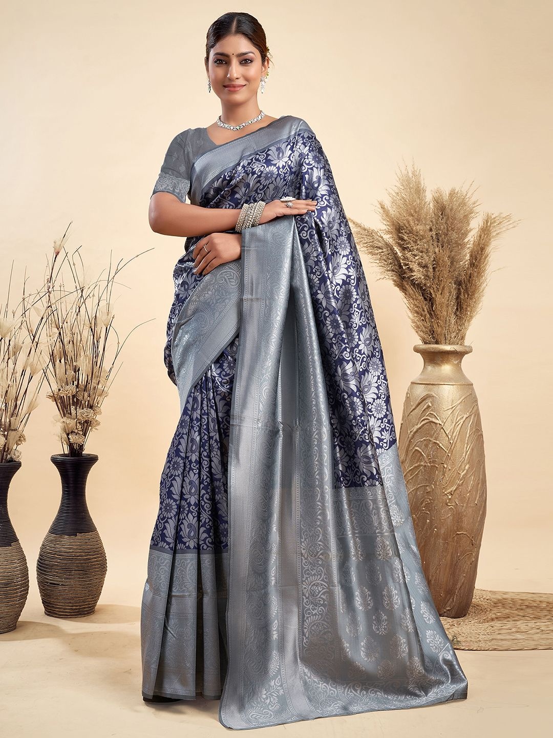 

KALINI Woven Design Zari Paithani Saree With Unstiched Blouse Piece, Blue