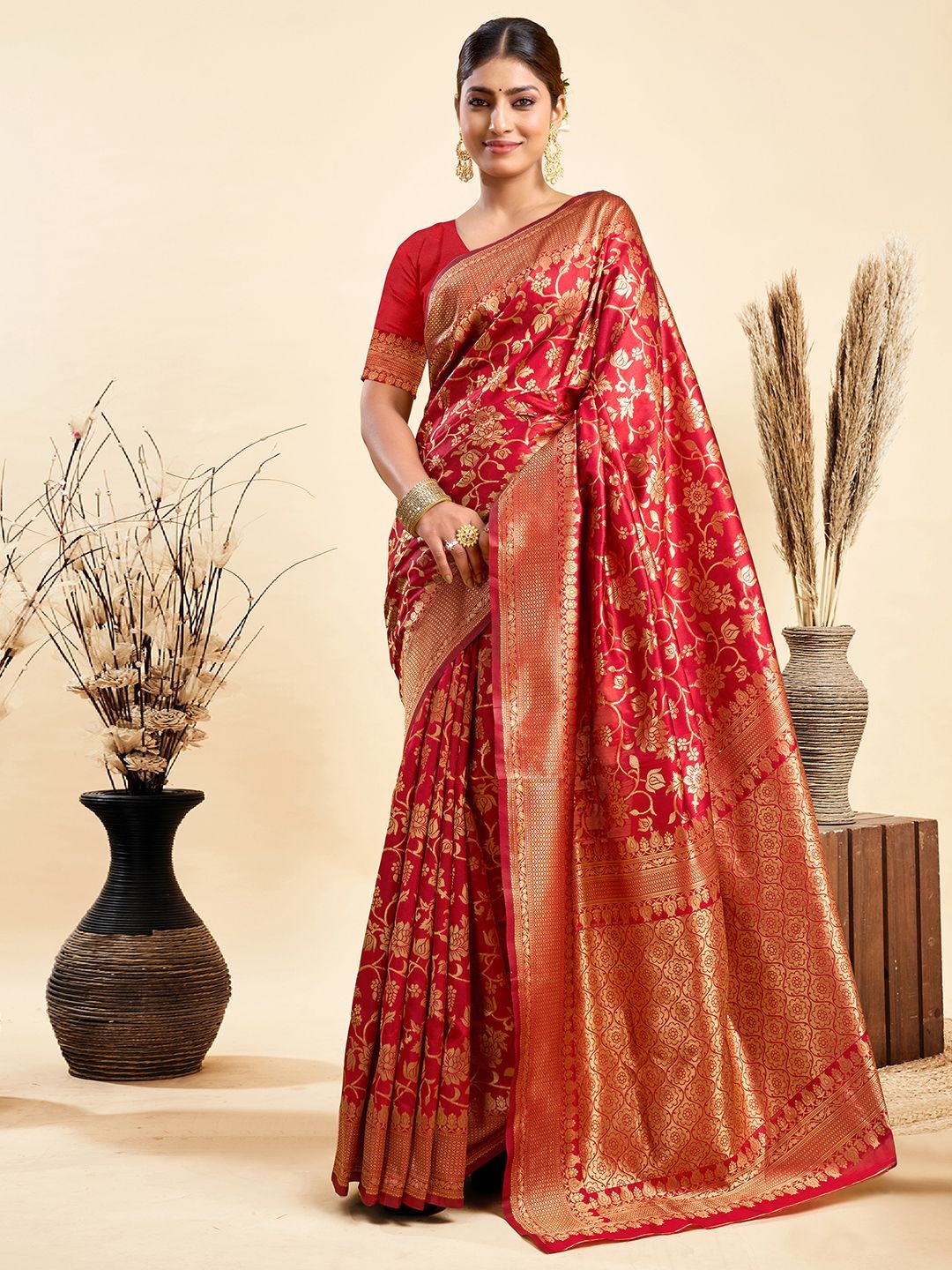 

HERE&NOW Woven Design Zari Silk Blend Designer Paithani Saree, Red