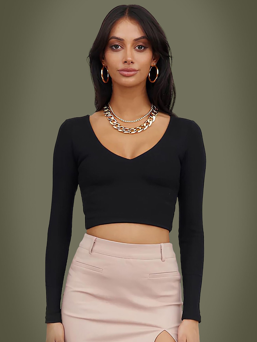 

Dream Beauty Fashion Women V-Neck Fitted Crop Top, Black