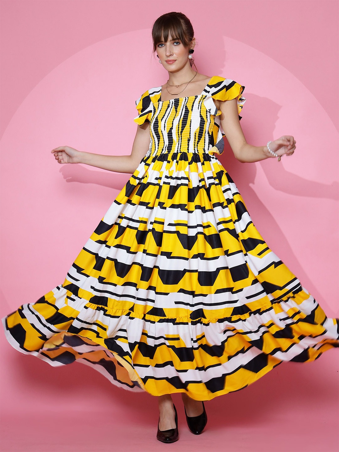 

De La Moda Women Abstract Printed Fit & Flare Maxi Dress, Yellow