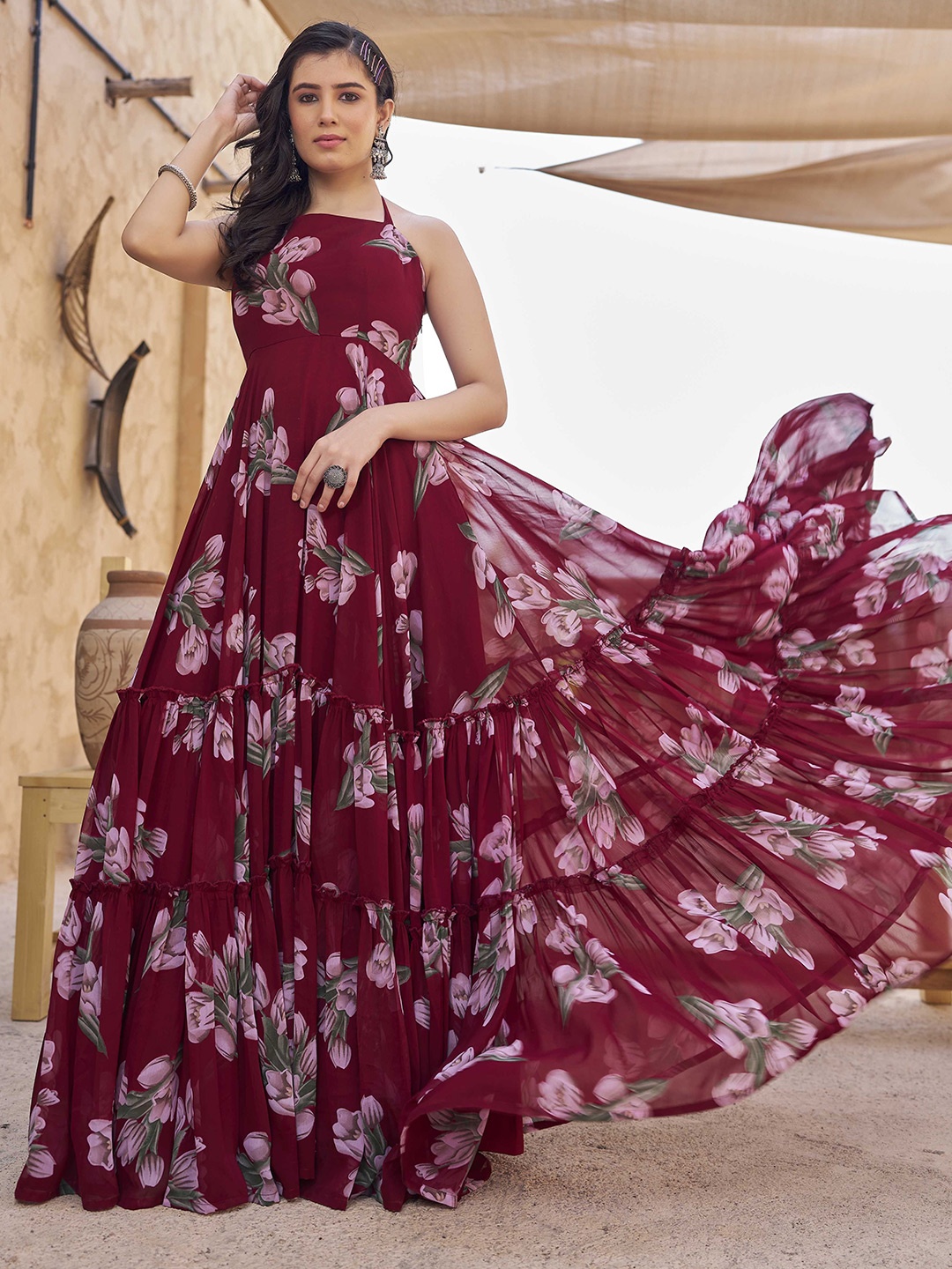 

CHANSI Women Floral Print Fit & Flare Maxi Dress, Maroon