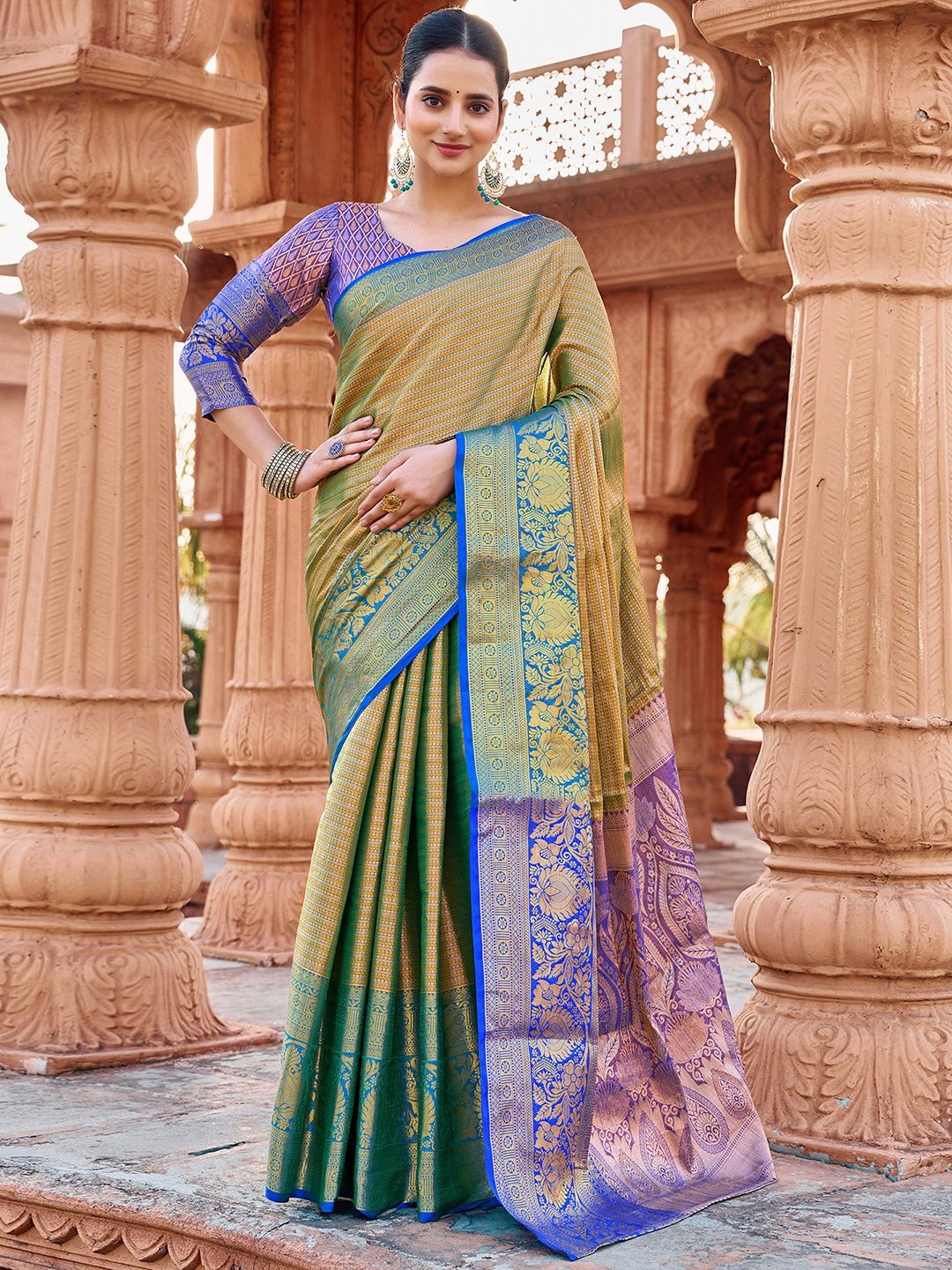 

Satrani Woven Design Zari Pure Silk Paithani Saree, Green