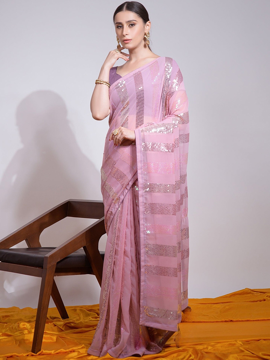 

THE52 Embellished Sequinned Pure Georgette Saree, Pink
