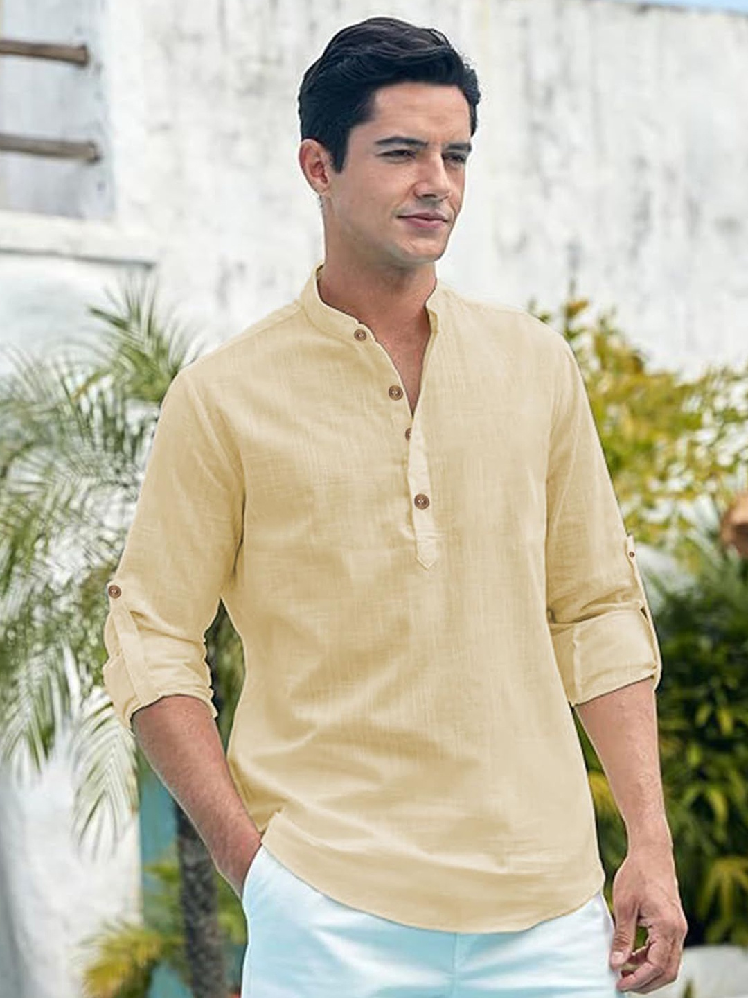 

EdinWolf Men India Slim Fit Band Collar Solid Cotton Casual Shirt, Beige