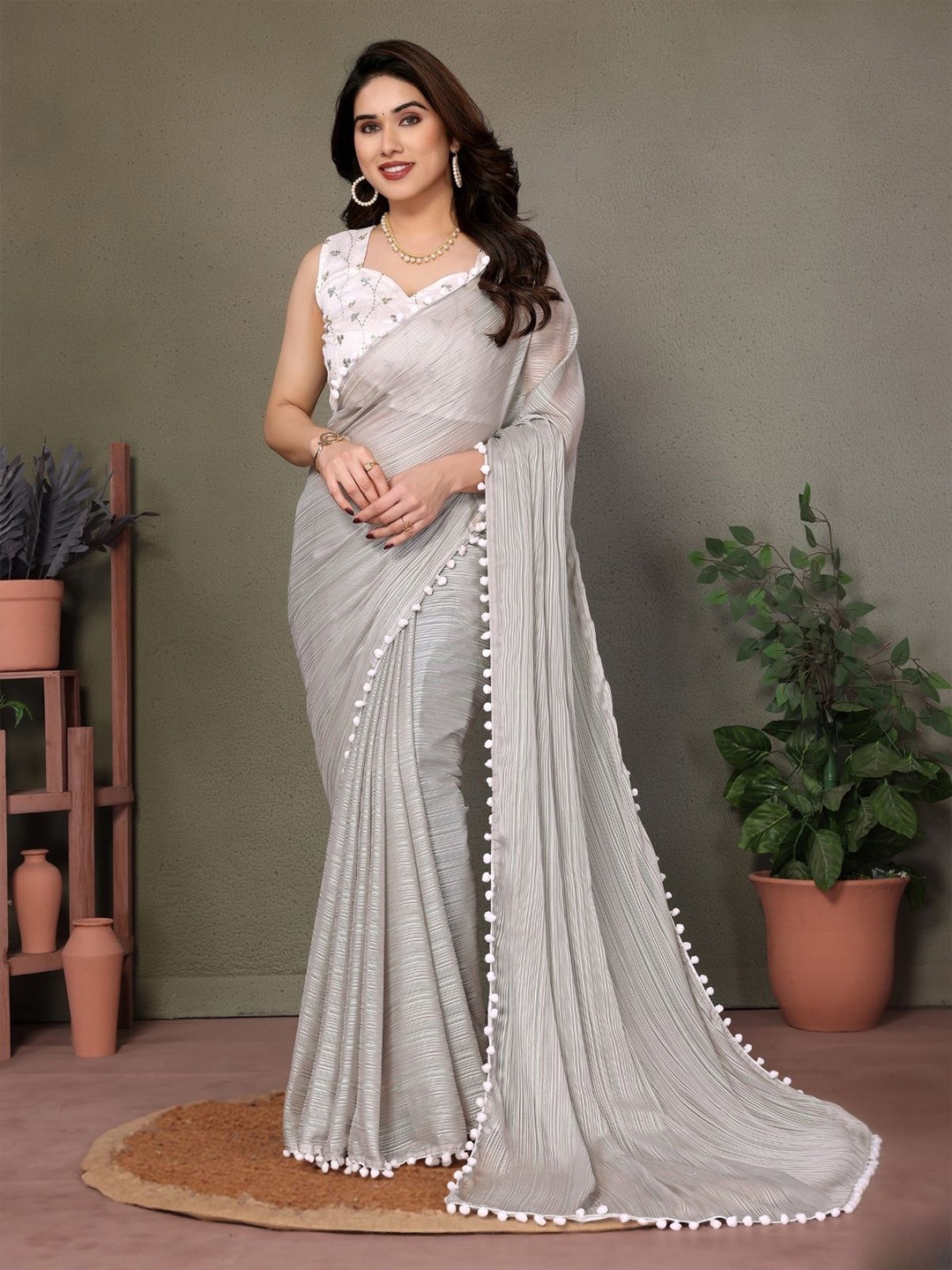 

ODETTE Grey Banglori Lace Work Saree