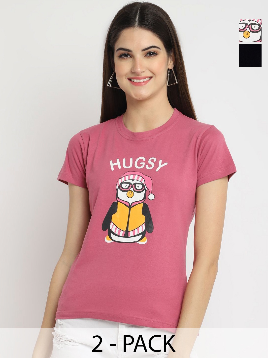 

Tromko Women Pack of 2 Typography Printed Round Neck Cotton Regular Fit T-shirts, Pink