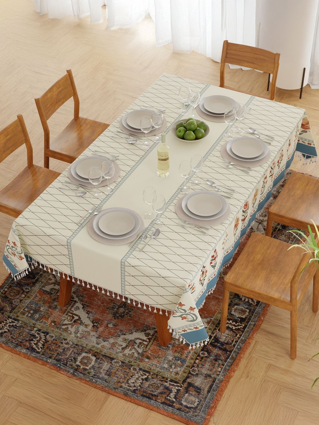 

URBAN SPACE Cream-Coloured & Green Floral Anti-Slip Rectangle 6-Seater Table Cover