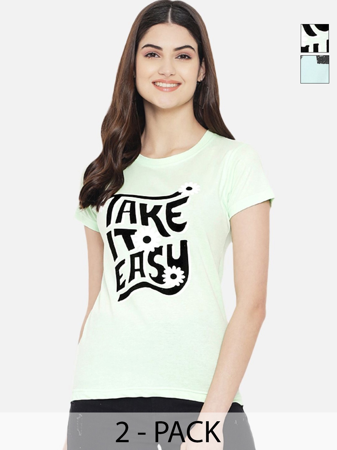 

Tromko Women Pack of 2 Typography Printed Round Neck Cotton Regular Fit T-shirts, White
